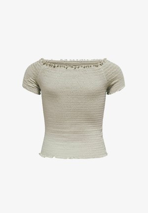 Top crop bej deschis, cu mâneci scurte smocate, decolteu pătrat și margini cu volănașe la mâneci și tiv.