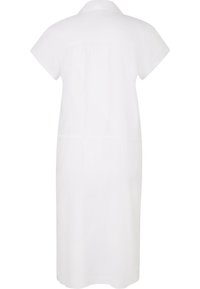 Abito bianco a maniche corte con colletto da camicia, dalla vestibilità rilassata e dalla linea dritta che arriva a metà polpaccio, realizzato in tessuto leggero.