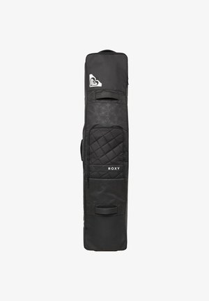 Black snowboard bag with quilted front pocket, zipper closure, and logo. Features a durable design and an elongated, rectangular shape.