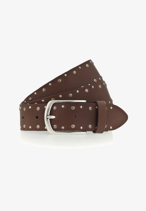 Brown leather belt with silver round studs throughout and a silver metal buckle, coiled on a white background.