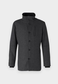 Šedá bunda z vlněné směsi s vysokým límcem, s knoflíkovým zapínáním vpředu, dlouhými rukávy a jednou kapsou na prsou. Hladká textura, strukturovaný design.