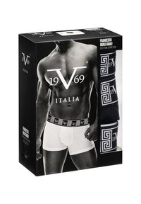 Boxer briefs in white cotton stretch, featuring a black waistband with a geometric pattern and brand logo. Presented in a black and white box.