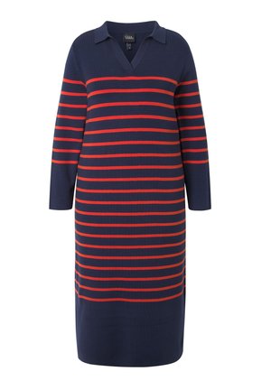 Marineblaues Kleid mit roten horizontalen Streifen, V-Ausschnitt, Dreiviertelärmeln und einem Kragen. Hergestellt aus weichem, gestricktem Stoff.