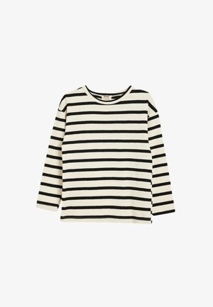 Gestreiftes Langarmshirt in Creme und Schwarz mit horizontalen Streifen, Rundhalsausschnitt und weicher Textur. Keine sichtbaren Logos oder Muster.