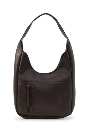 Sac à épaule en cuir marron foncé texturé avec une poche zippée à l'avant et une large sangle pour porter sur l'épaule.