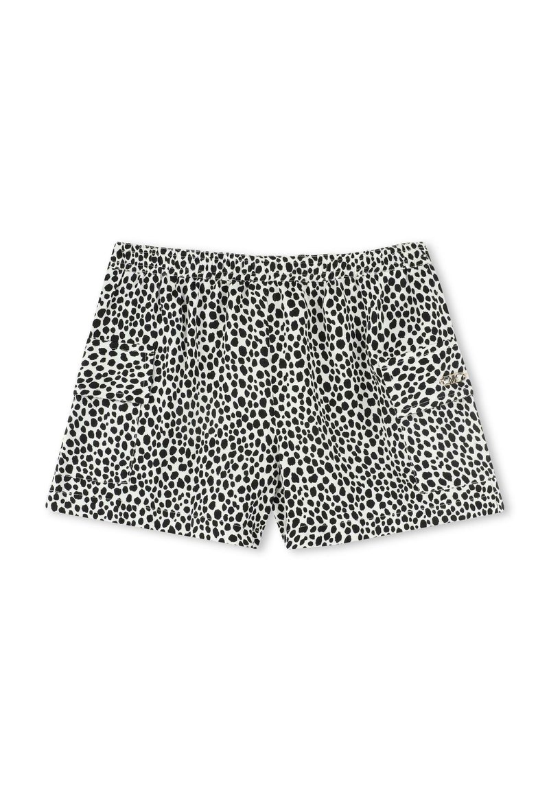 Witte boxershorts met een zwart gespikkeld patroon. Voorzien van een elastische tailleband en een zijzak, gemaakt van lichtgewicht stof.
