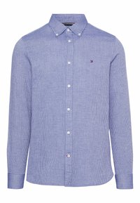 Camicia a maniche lunghe a quadri blu e bianchi con colletto button-down, bottoni bianchi e piccolo logo sul petto sinistro. Tessuto morbido.