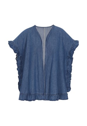 Kaftan din denim cu mâneci și margine volanate, cu deschidere în față și culoare albastră. Material ușor, cu o textură netedă și design casual.