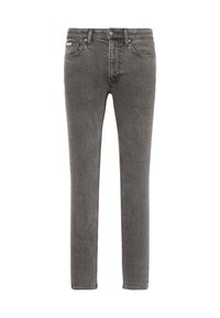 Γκρι τζιν παντελόνια σε στενή εφαρμογή, με εμπρόσθιο κούμπωμα με κουμπί και φερμουάρ, σχέδιο με πέντε τσέπες και ξεθωριασμένη υφή.