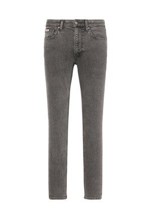 Γκρι τζιν παντελόνια σε στενή εφαρμογή, με εμπρόσθιο κούμπωμα με κουμπί και φερμουάρ, σχέδιο με πέντε τσέπες και ξεθωριασμένη υφή.