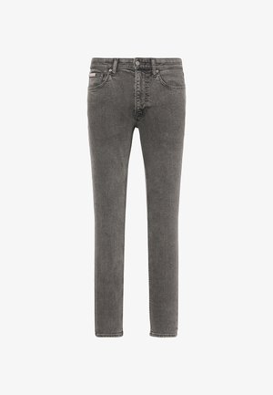 Vékony fazonú szürke farmernadrág elülső gombbal és cipzárral, ötlovas zsebekkel, valamint kopott hatású textúrával.