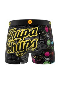 Boxer shorts noirs avec un motif coloré de Chupa Chups. Présente une large ceinture avec le logo, un grand texte jaune et des accents circulaires colorés.