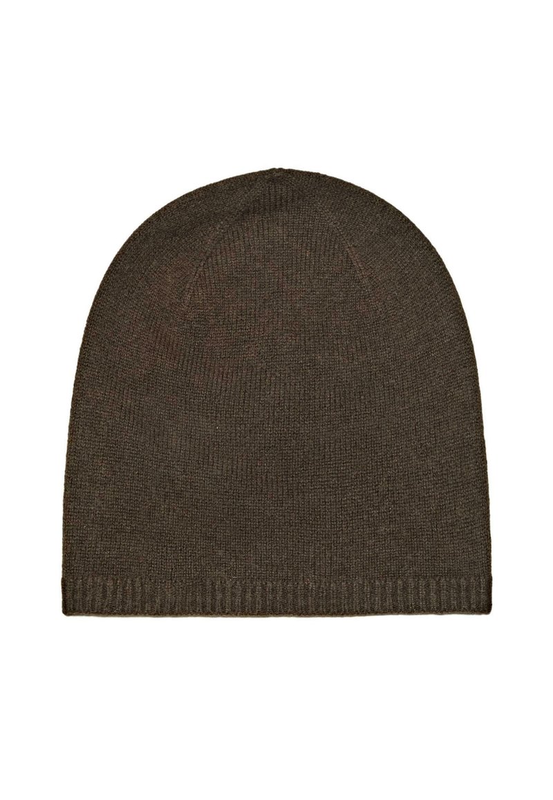 Gebreide beanie in donkerbruin, met een soepele textuur en een ronde kroon met een ribbelrand. Eenvoudig en naadloos ontwerp.