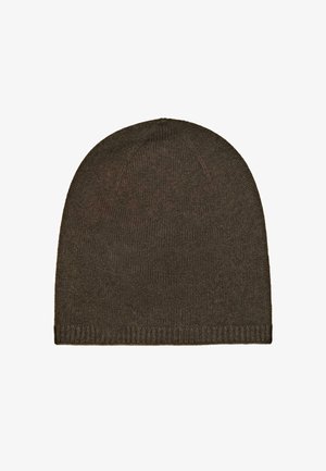 Gebreide beanie in donkerbruin, met een soepele textuur en een ronde kroon met een ribbelrand. Eenvoudig en naadloos ontwerp.