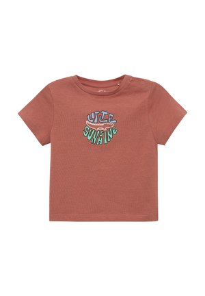 Kurzärmliges, rostfarbenes Baumwoll-T-Shirt mit einem verspielten "Little Sunshine"-Grafik in blauer und grüner Schrift, mit rundem Halsausschnitt und Druckknöpfen.