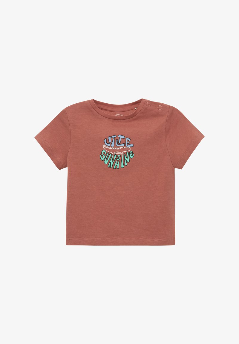 Kurzärmliges, rostfarbenes Baumwoll-T-Shirt mit einem verspielten "Little Sunshine"-Grafik in blauer und grüner Schrift, mit rundem Halsausschnitt und Druckknöpfen.