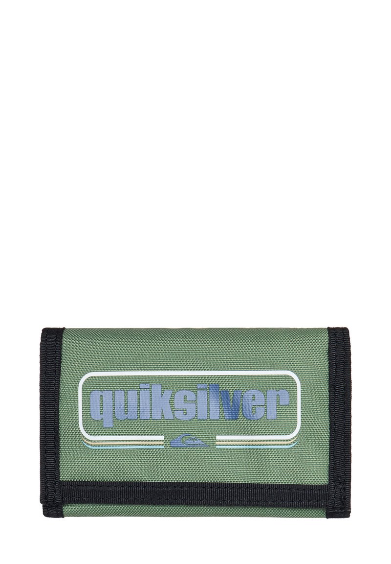 Quiksilver green fabric wallet with black trim, featuring a large blue logo and textured surface, designed for compact storage and durability.