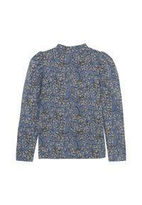 Langärmliges Oberteil aus blauer Stoff mit einem floralen Muster in Weiß und Schwarz, mit gefalteten Schulterdetails und einem hohen Kragen.