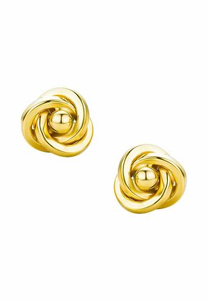 Goldfarbene Knotenohrstecker mit sphärischem Zentrum, das eine glatte, polierte Oberfläche und ein filigranes, gedrehtes Design aufweist.