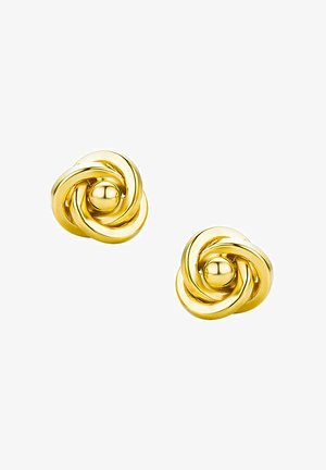 Boucles d'oreilles clous en ton or avec un centre sphérique, présentant une finition lisse et polie ainsi qu'un design torsadé complexe.