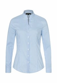Light blue striped button-up shirt with a stand collar, long sleeves, and a fitted design. Made from smooth fabric with visible buttons.