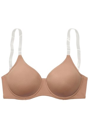 Soutien-gorge beige chiaro con tessuto liscio, coppe modellate e spalline trasparenti. Caratterizzato da un design senza cuciture e senza chiusure visibili.