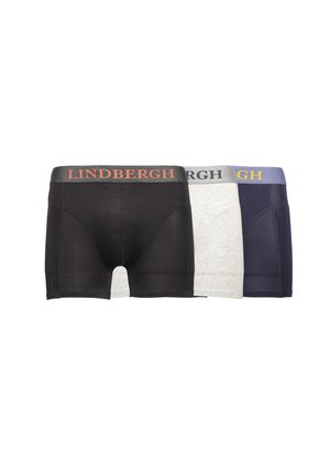 Trois paires de boxers : noir, gris et bleu marine. Chacune présente une taille contrastante avec le logo "LINDBERGH" dans des couleurs différentes. Tissu lisse.