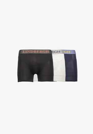 Drei Paare Boxer-Shorts: schwarz, grau und marineblau. Jedes Paar hat einen kontrastierenden Bund mit dem "LINDBERGH"-Logo in verschiedenen Farben. Glatte Stoffqualität.