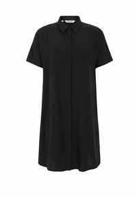 Schwarzes kurzärmeliges Hemdkleid mit spitzem Kragen, Knopfleiste, lockerer Passform und glattem Stoff. 