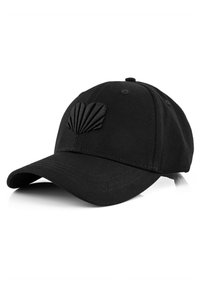 Black baseball cap made of cotton, featuring a stitched shell design on the front, curved visor, and reinforced stitching.