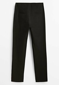 Black trousers with a smooth texture, straight-leg design, featuring two back pockets and a tailored waistband. No visible patterns or accents.