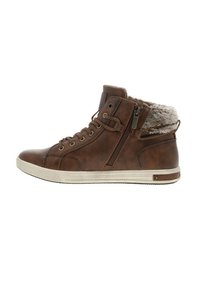 Baskets montantes marron en cuir texturé, avec un col en fourrure synthétique, une fermeture éclair sur le côté et une semelle en caoutchouc blanc avec des accents marron.