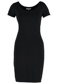 Robe noire cintrée avec des manches courtes et un décolleté large, fabriquée en tissu extensible, avec une texture lisse et sans embellissement.