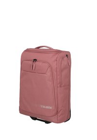 Borsa a mano morbida Travelite, esterno in tessuto rosa, forma rettangolare, con manico superiore, tasca frontale con zip e marchio laterale.