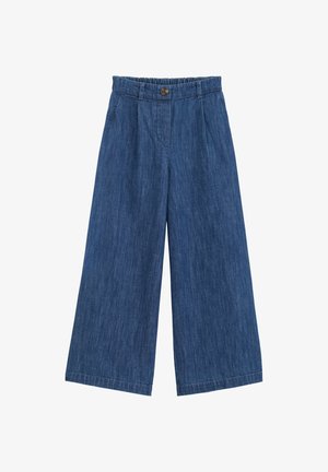 Pantalon en denim bleu à jambes larges avec une taille haute élastique, un bouton à l'avant, des passants de ceinture et des poches latérales.