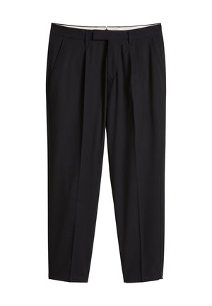 Schwarze, maßgeschneiderte Hose mit geradem Bein, Seitentaschen, Gürtelschlaufen und einer Bügelfalte vorne, entworfen für formelle oder geschäftliche Anlässe.