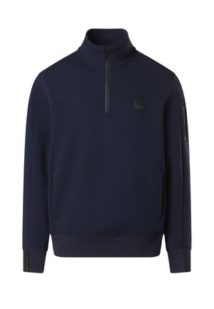 Sweat-shirt bleu marine avec col à demi-fermeture éclair, petit logo sur la poitrine et une poche zippée sur la manche. Confectionné en tissu doux et texturé.