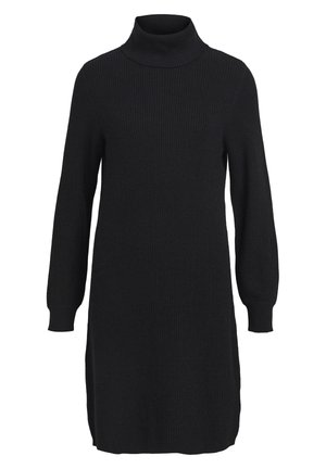 Vestido de punto acanalado negro con un cuello alto, mangas largas y aberturas laterales. Presenta un corte holgado y una tela texturizada. Sin patrones ni elementos metálicos.