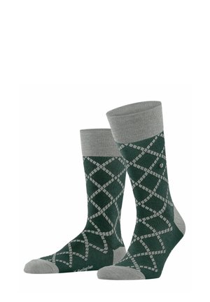 Chaussettes à motifs verts et gris avec un design en losanges, accents gris clair et un bord contrastant. Le matériau semble doux et extensible.