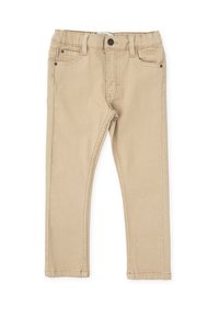 Pantalones vaqueros de denim color topo con diseño de pierna recta, bolsillos frontales y cierre de botón. Textura suave y detalles de costura simples.