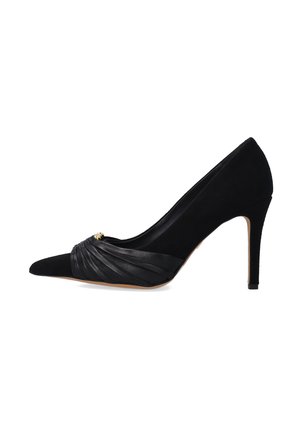 Black high-heeled shoe featuring a pointed toe, suede material, and a pleated leather accent with a small gold detail at the front.