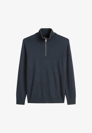Donkerblauwe pullover met hoge kraag en ritsluiting. Gemaakt van zacht materiaal, met een subtiele logo op de borst en geribbelde manchetten.