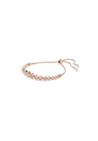 Pulsera de oro rosa con acentos de cristales circulares, una delicada cadena y cierre deslizante ajustable. Presenta una textura suave y un diseño minimalista.
