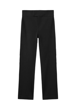 Pantaloni negri drepti, cu talie înaltă și față netedă, confecționați dintr-un material fin.
