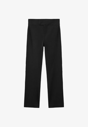 Pantaloni negri drepti, cu talie înaltă și față netedă, confecționați dintr-un material fin.