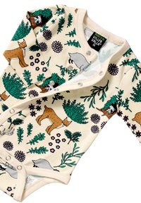 Cotton long-sleeve onesie featuring a light cream background with a multicolored nature print of animals and foliage, secured with snap buttons.
