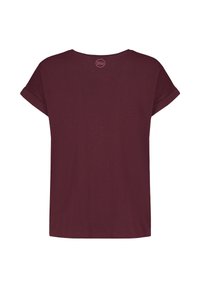 Burgundy short-sleeve t-shirt with a relaxed fit, round neckline, and rolled cuffs, made from soft, lightweight fabric. No visible patterns.
