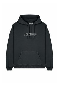 Sweat à capuche noir avec poche frontale. Présente un texte blanc "LA COLLECTIONEUSE" sur la poitrine. Fabriqué en tissu doux et texturé.
