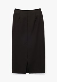 Zwarte kokerrok van gladde stof. Heeft een voroong slit, een getailleerde taille en een minimalistisch ontwerp zonder zichtbare patronen of versieringen.