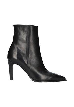 Black leather ankle boot with pointed toe and slim high heel, smooth finish, side view on white background.